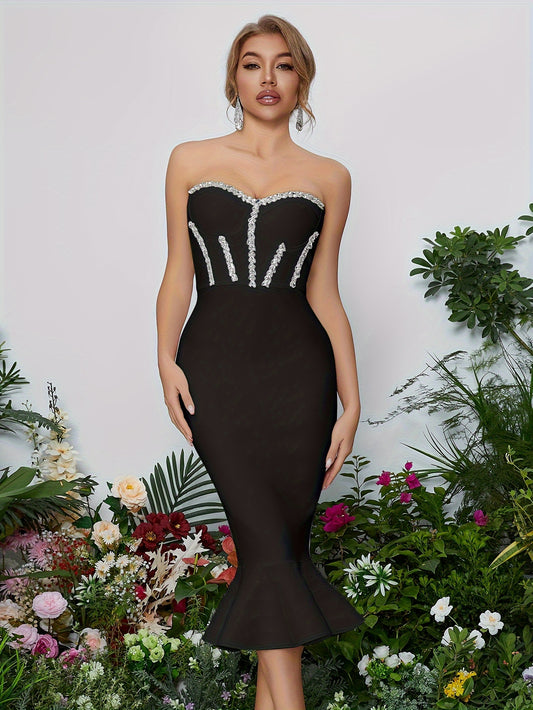 LLstyle Rhinestone Backless Mermaid Bandeau Dress