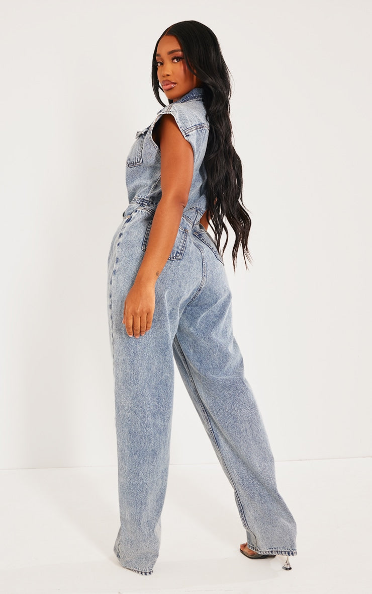 Shape Light Blue Sleeveless Rigid Denim Jumpsuit