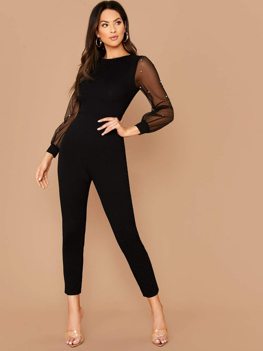 LLstyle Pearl Sheer Mesh Sleeve Jumpsuit