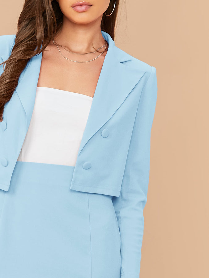 LLstyle Collar Double Breasted Blazer & Slit Hem Skirt Set