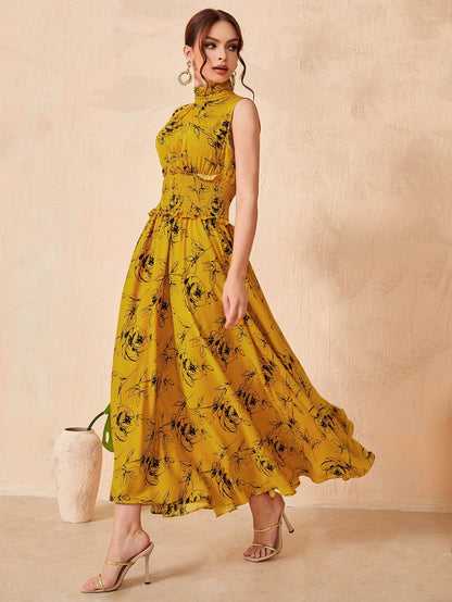 LLstyle Ruched Neck Frill Trim Shirred Waist Floral Dress