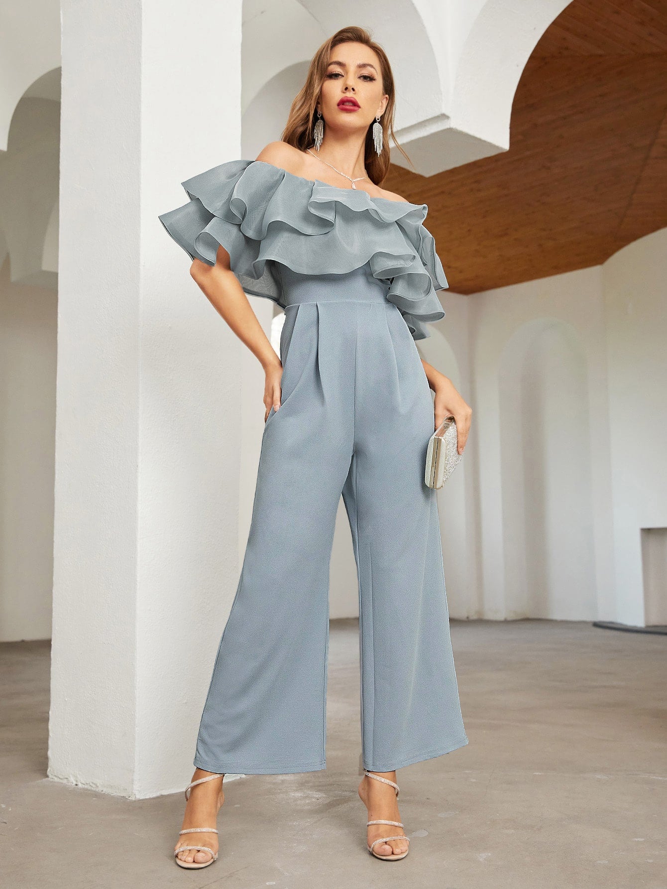 LLstyle Off Shoulder Layered Ruffle Detail Jumpsuit