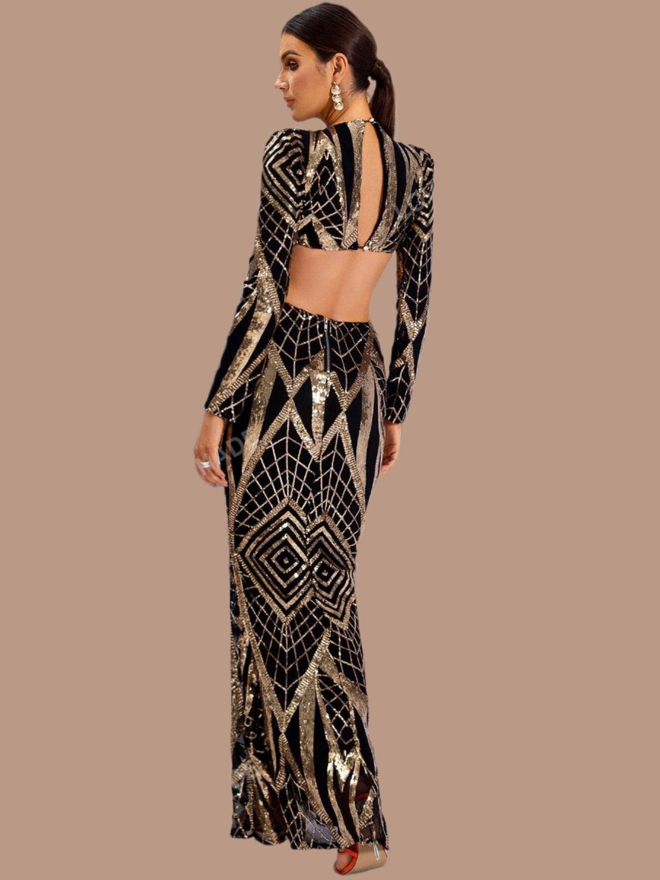 LLstyle Cut Out Waist Geo Pattern Sequin Dress