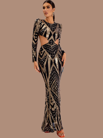 LLstyle Cut Out Waist Geo Pattern Sequin Dress