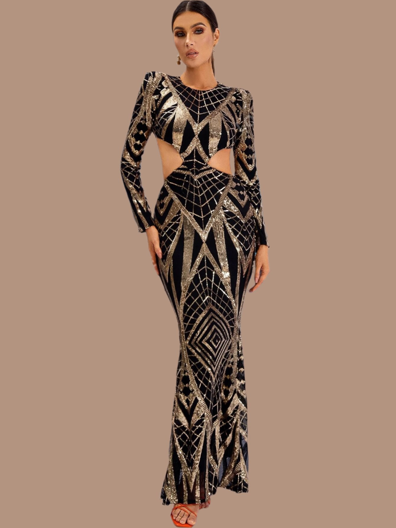 LLstyle Cut Out Waist Geo Pattern Sequin Dress