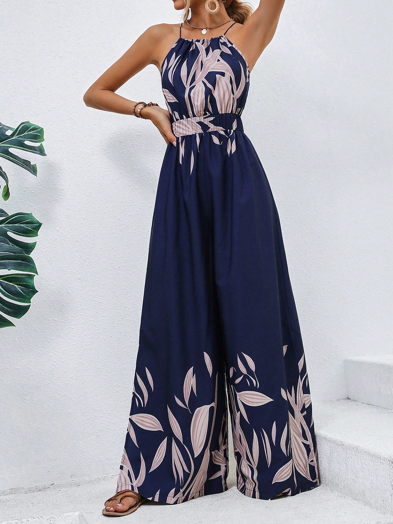 LLstyle Style Floral Print Halter Wide-Leg Loose Jumpsuit