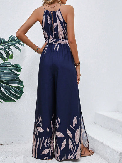 LLstyle Style Floral Print Halter Wide-Leg Loose Jumpsuit