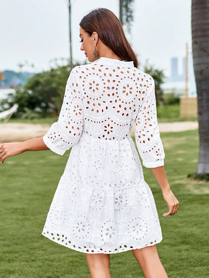 LLstyle Embroidery Lantern Sleeve Ruffle Dress