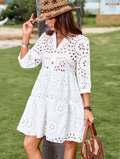 LLstyle Embroidery Lantern Sleeve Ruffle Dress