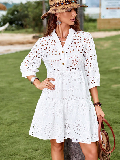 LLstyle Embroidery Lantern Sleeve Ruffle Dress