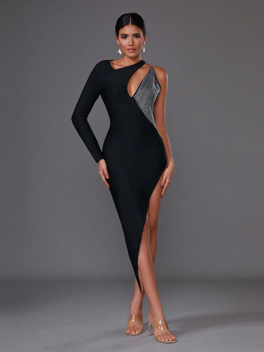 LLstyle Asymmetrical Neck Cut Out Split Thigh Dress