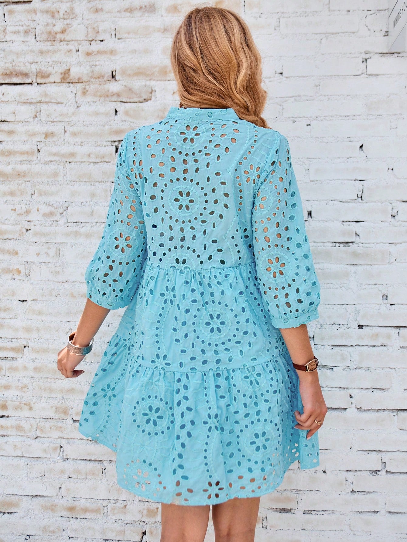 LLstyle Embroidery Lantern Sleeve Ruffle Dress