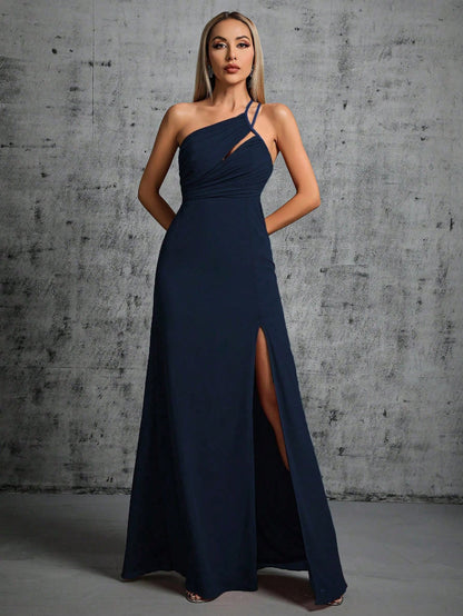 LLstyle One Shoulder Split Thigh Bridesmaid Dress