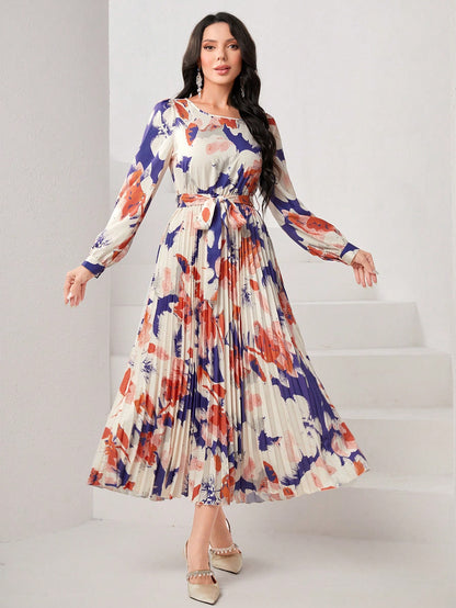 LLstyle Print Pleated Hem Belted Dress