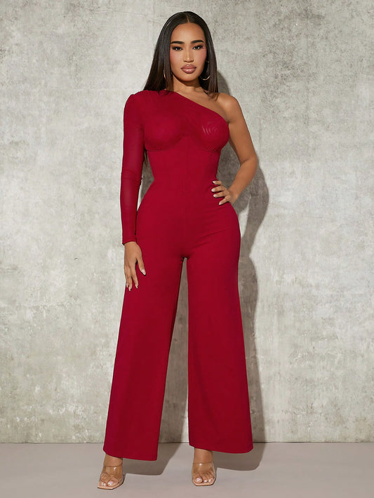 LLstyle One Shoulder Ruched Puff Sleeve Wide Leg Jumpsuit