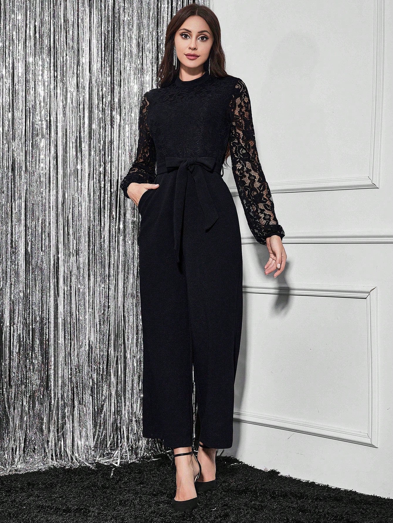 LLstyle Contrast Lace Lantern Sleeve Belted Wide Leg Jumpsuit