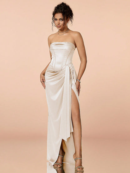 LLstyle Ruched Split Thigh Satin Tube Prom Dress