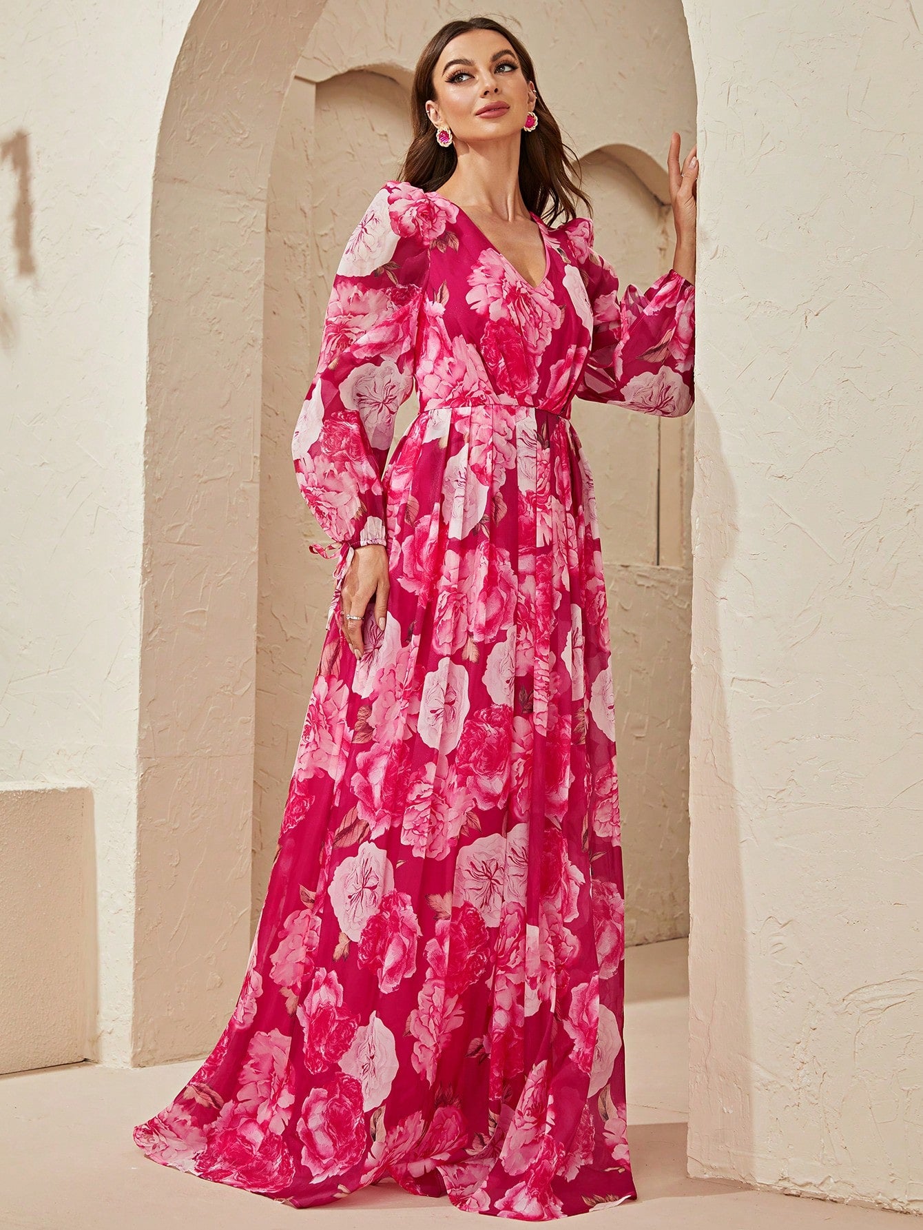 LLstyle Floral Print Lantern Sleeve Maxi Dress