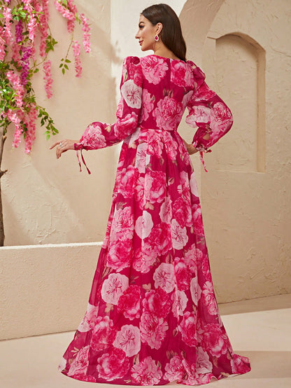 LLstyle Floral Print Lantern Sleeve Maxi Dress