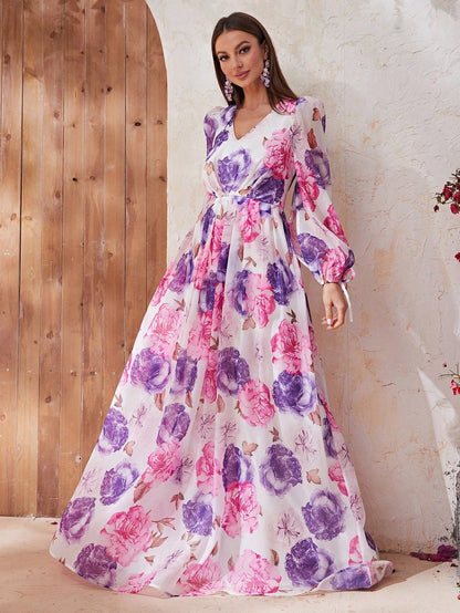 LLstyle Floral Print Lantern Sleeve Maxi Dress