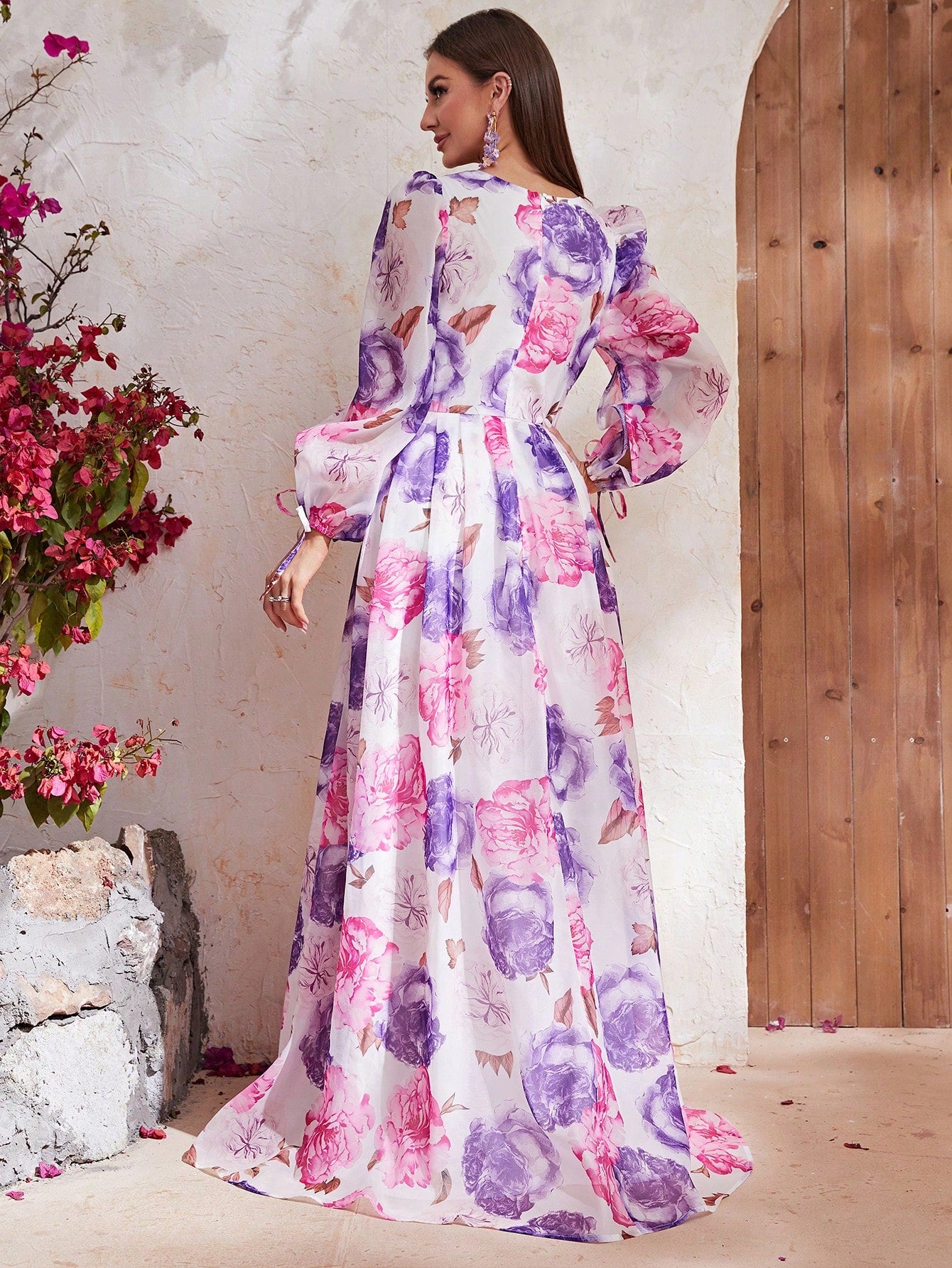 LLstyle Floral Print Lantern Sleeve Maxi Dress