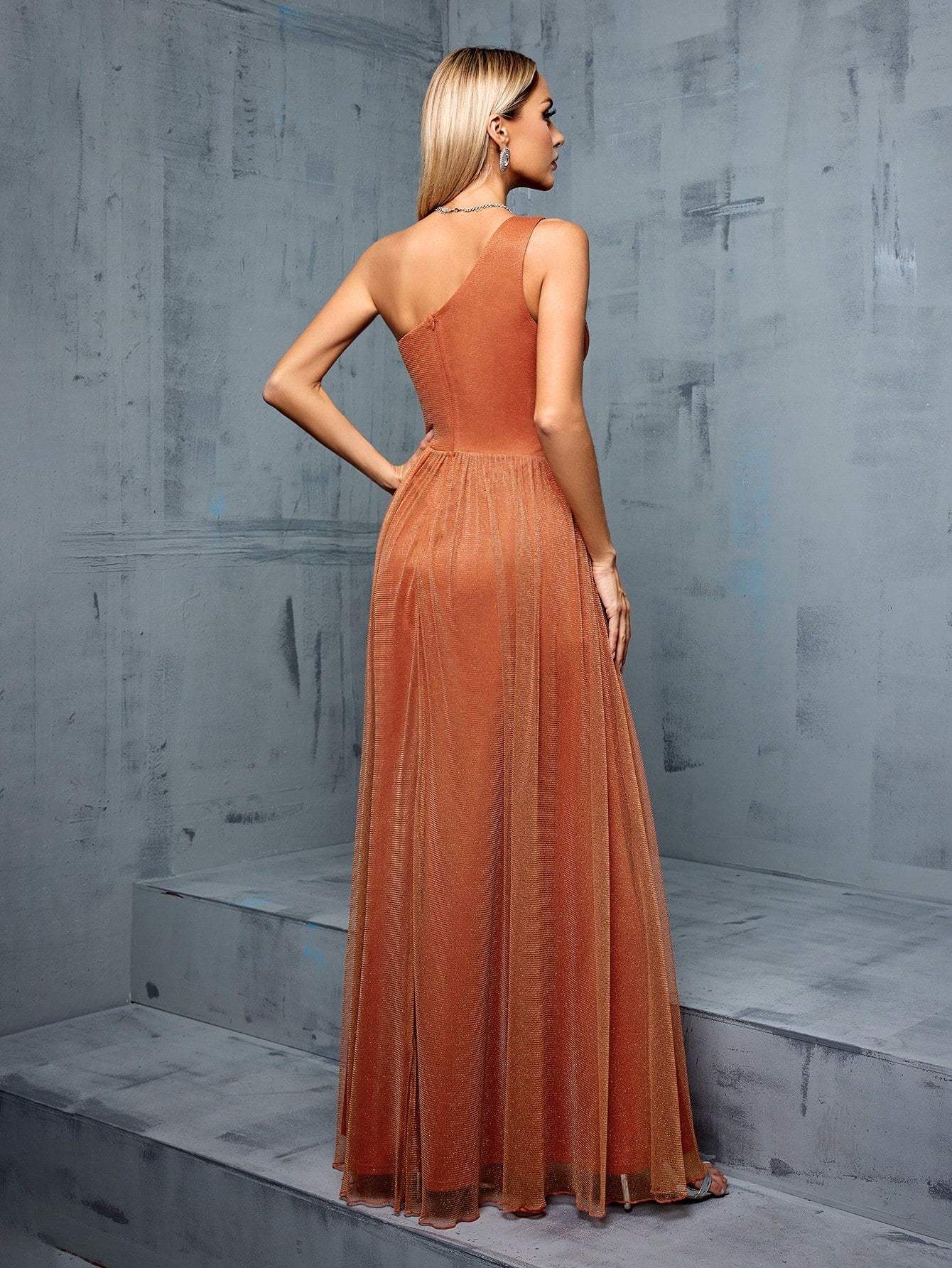 LLstyle Asymmetrical Neckline Mesh Bridesmaid Long Dress