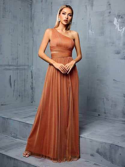 LLstyle Asymmetrical Neckline Mesh Bridesmaid Long Dress