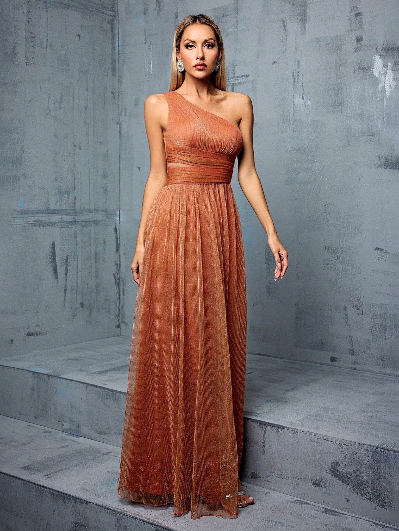 LLstyle Asymmetrical Neckline Mesh Bridesmaid Long Dress