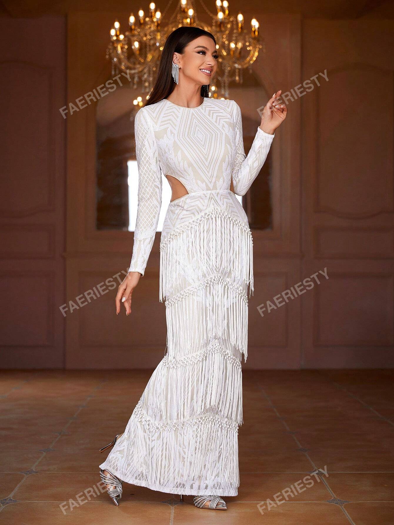 LLstyle Cut Out Waist Fringed Sequin Party Dress