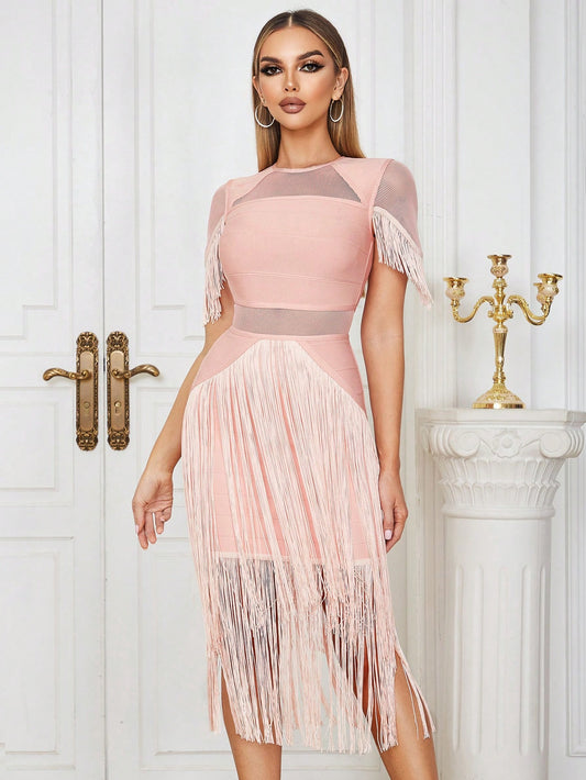 LLstyle Mesh Patchwork And Fringes Dress