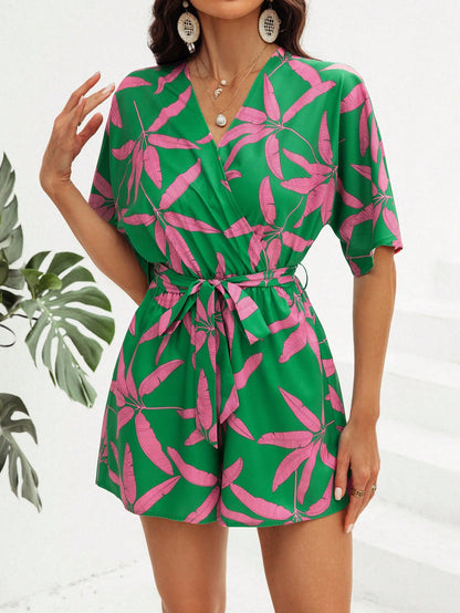 LLstyle Tropical Botanical Print Lace-Up Jumpsuit