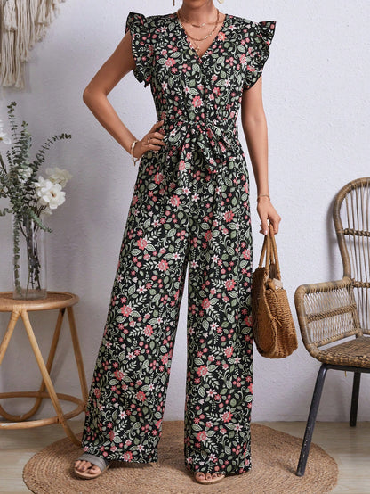 LLstyle Women's Floral Printed Ruffle Wide Leg Jumpsuit