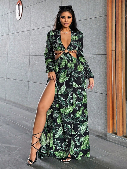 LLstyle Tropical Plant Printed Chiffon Maxi Dress