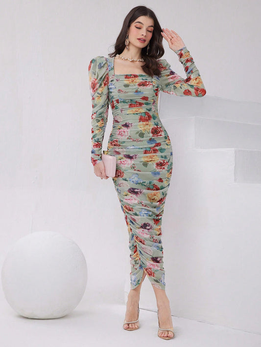 LLsytyle Floral Printed Long Sleeve Pleated Dress