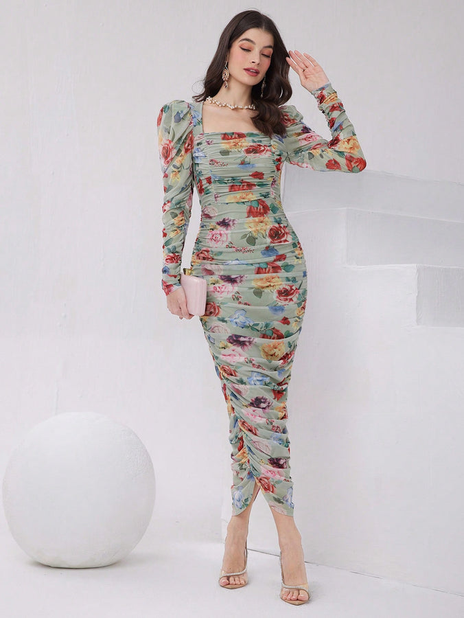 LLsytyle Floral Printed Long Sleeve Pleated Dress