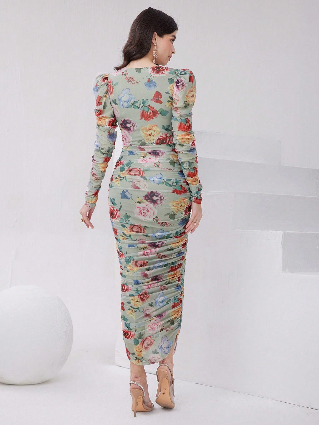 LLsytyle Floral Printed Long Sleeve Pleated Dress