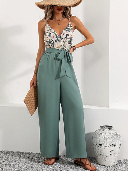 LLstyle Tropical Print Waist Tie Butterfly Knot Strap Jumpsuit