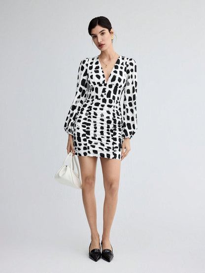 LLstyle Floral Print Gathered Waist Long Sleeve Dress