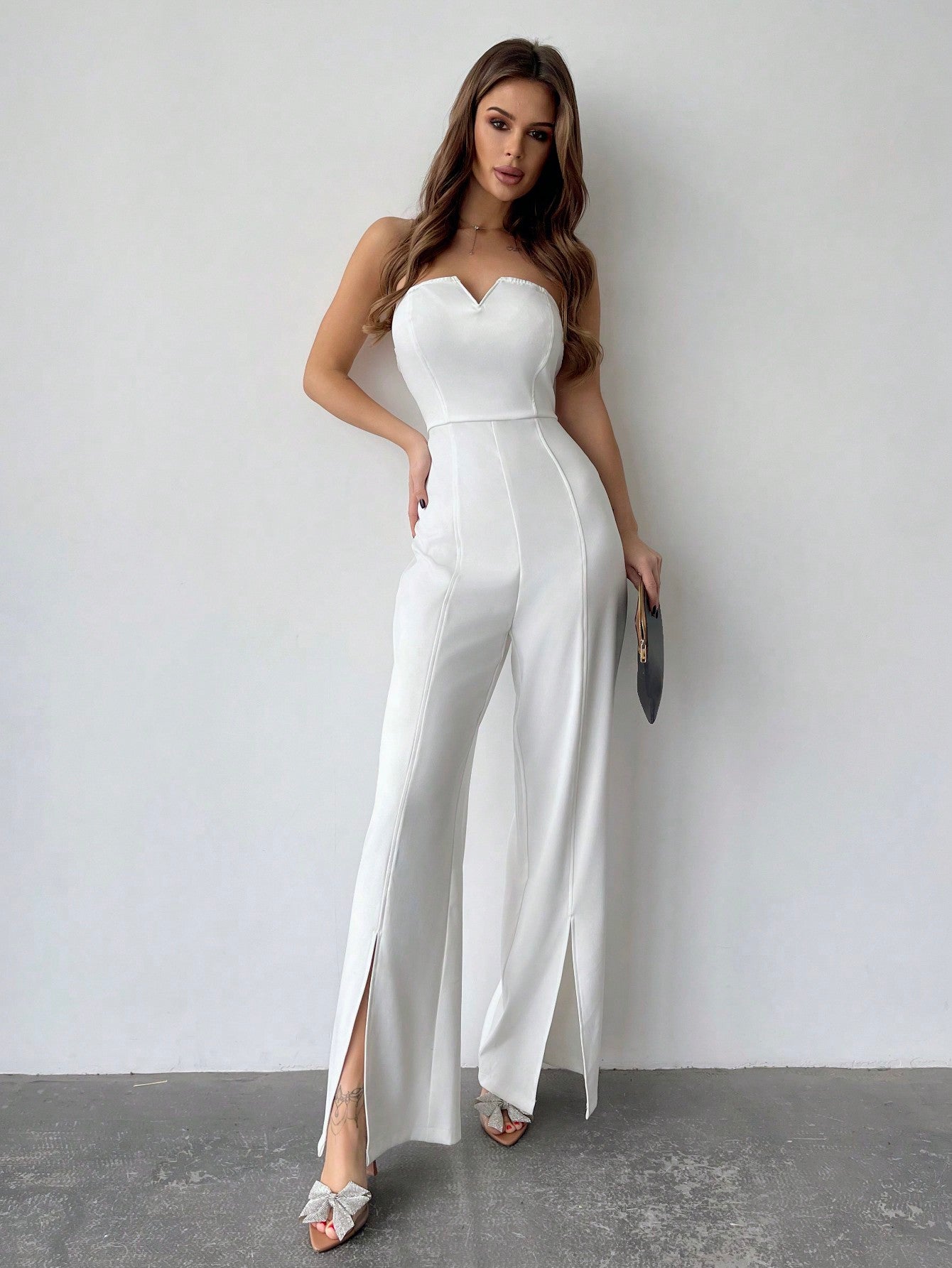 LLstyle Solid Color Plunge Neck Jumpsuit With High Slit Hem