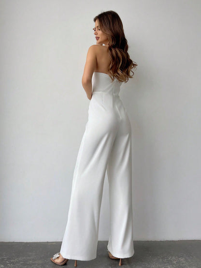 LLstyle Solid Color Plunge Neck Jumpsuit With High Slit Hem