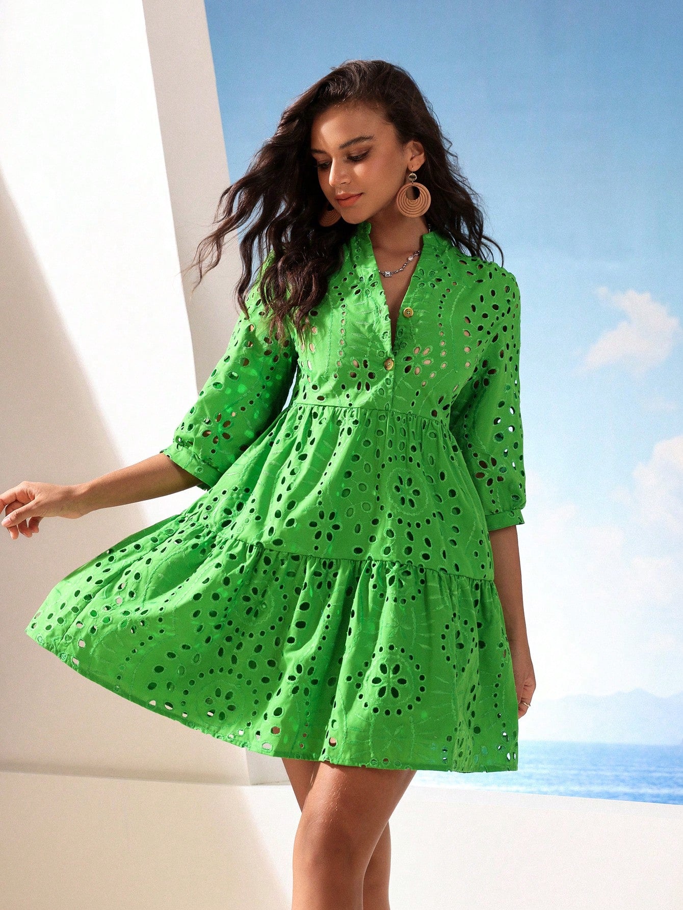 LLstyle Embroidery Lantern Sleeve Ruffle Dress