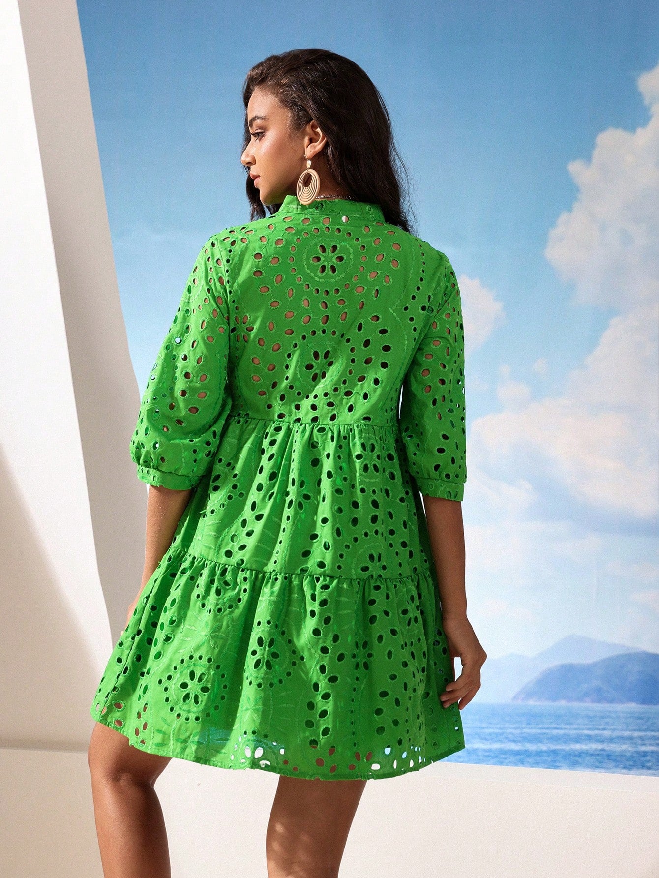 LLstyle Embroidery Lantern Sleeve Ruffle Dress