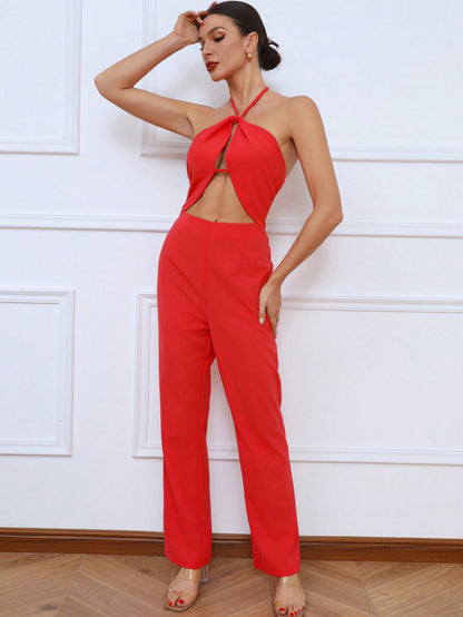 LLstyle Solid Color Hollow Out Halter Jumpsuit