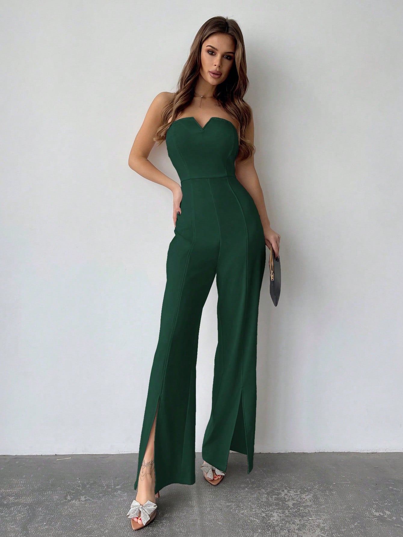 LLstyle Solid Color Plunge Neck Jumpsuit With High Slit Hem