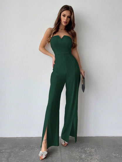 LLstyle Solid Color Plunge Neck Jumpsuit With High Slit Hem