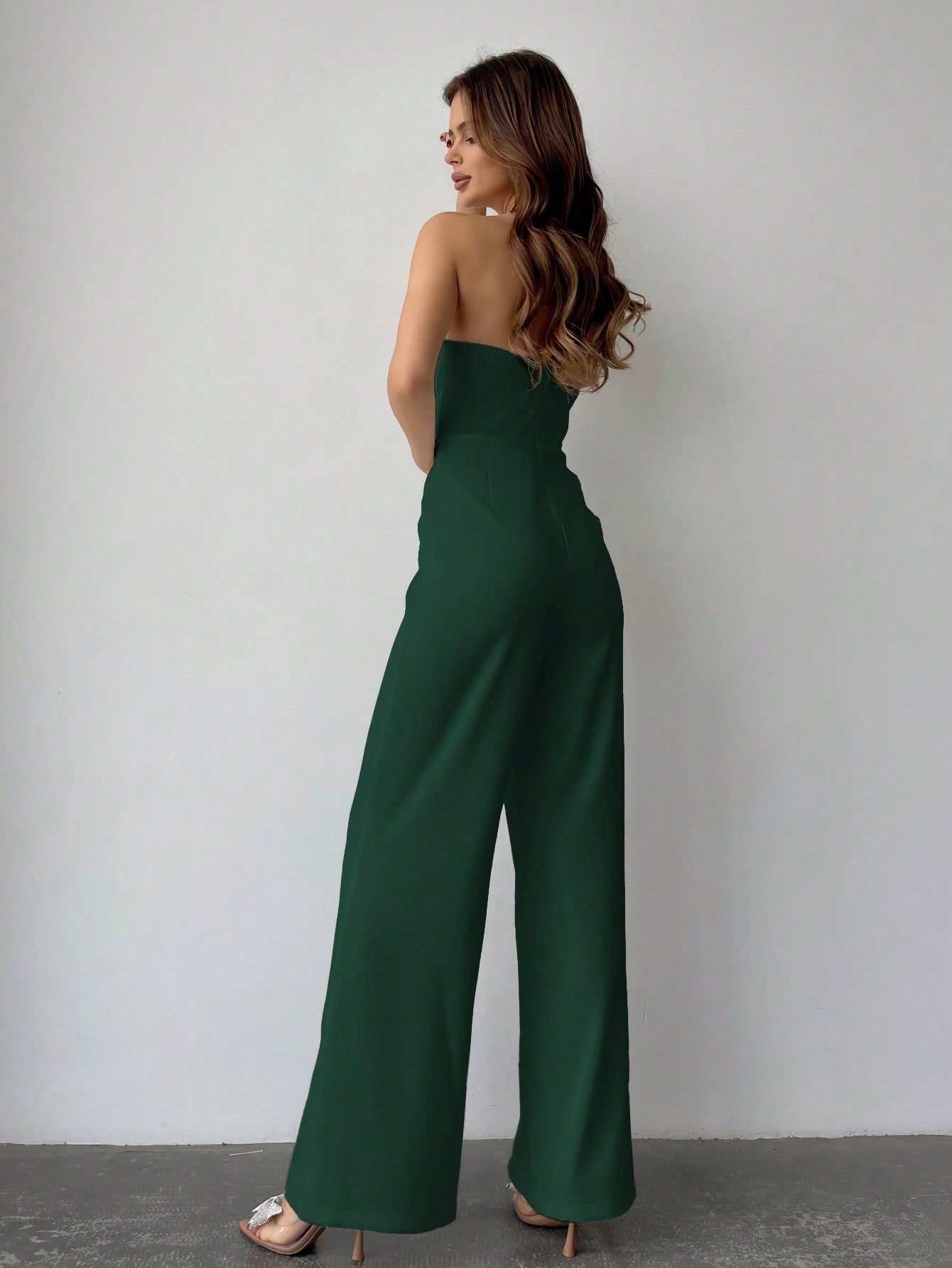 LLstyle Solid Color Plunge Neck Jumpsuit With High Slit Hem