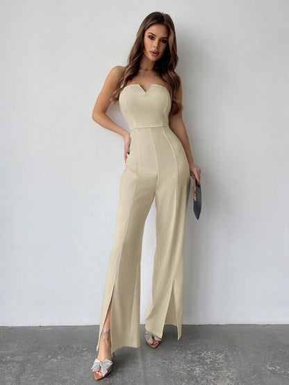 LLstyle Solid Color Plunge Neck Jumpsuit With High Slit Hem