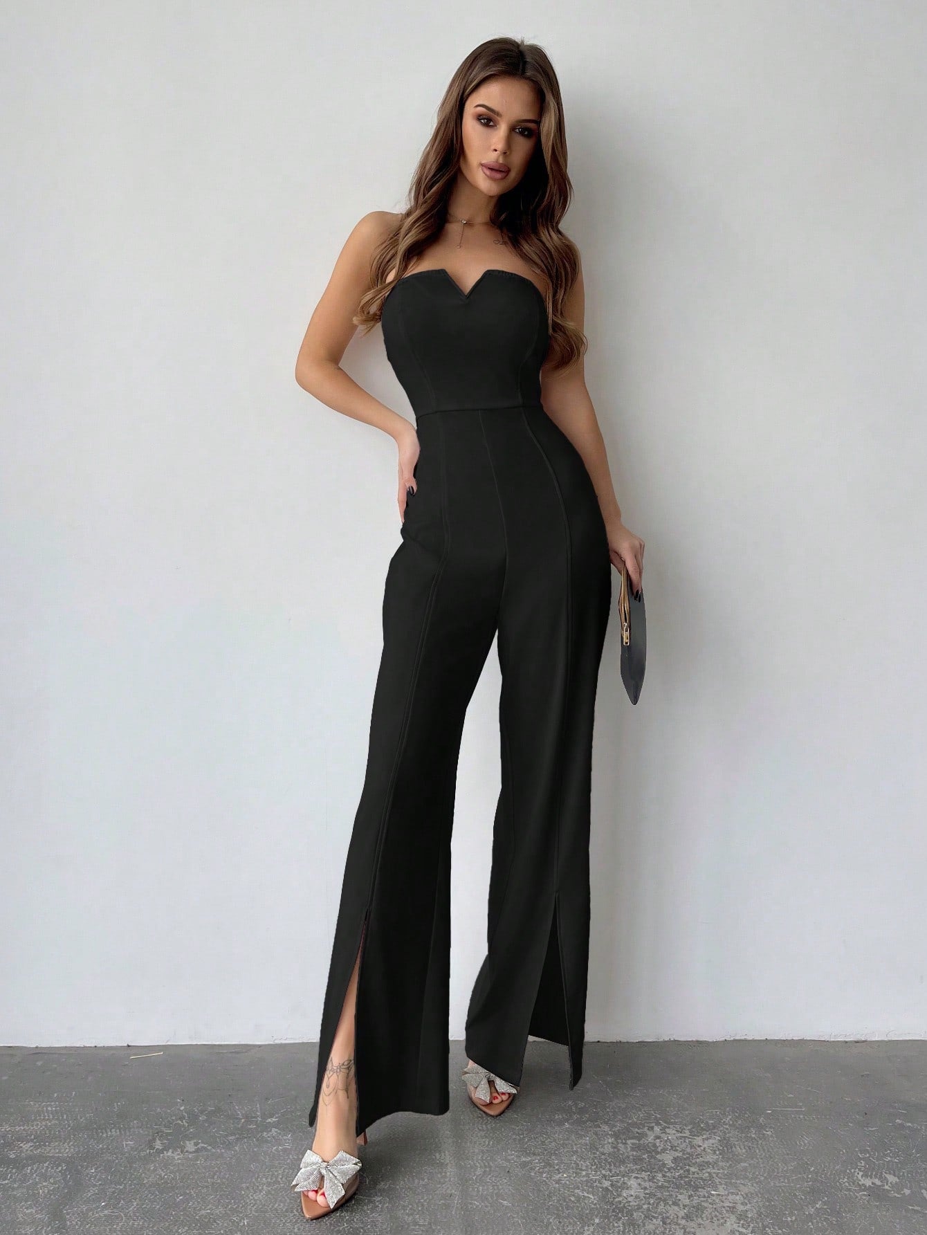 LLstyle Solid Color Plunge Neck Jumpsuit With High Slit Hem