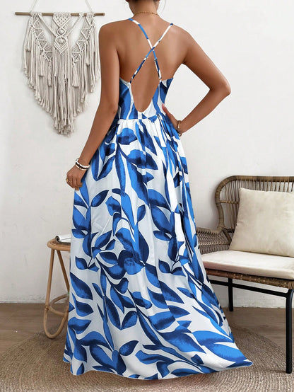 LLstyle  Deep V-Neck Marble Printed Long Slip Dress