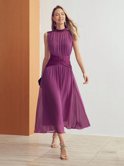 LLstyle Chiffon Solid Ruched Waist Dress